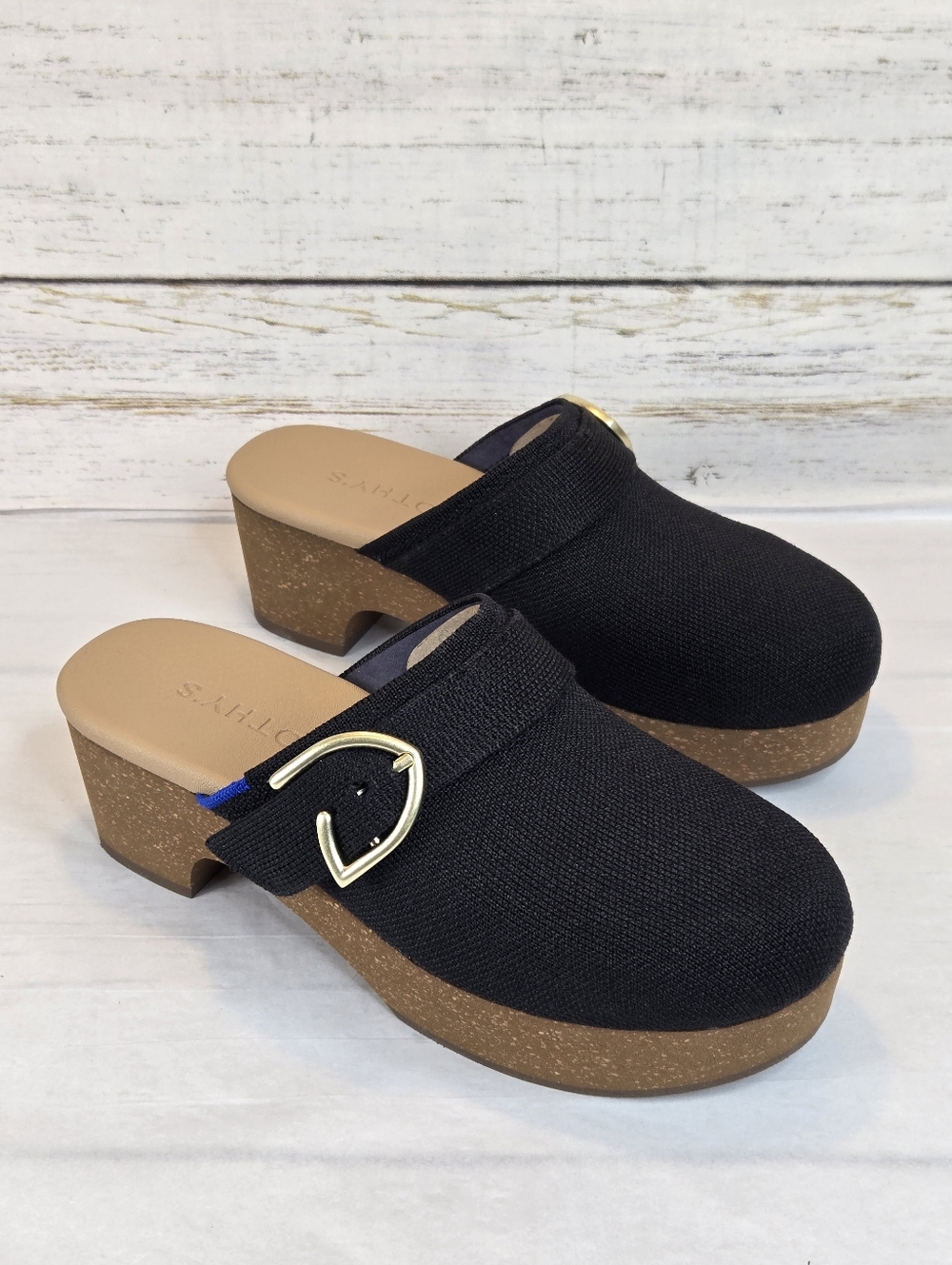 Rothy's The Classic Clog Buckle Accent Block Heel Black Knit Women's Size 6